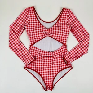 Dazy Women's Red & Pink Gingham One-Piece Swimsuit Long Sleeve Cut Out Size XL - Picture 1 of 19