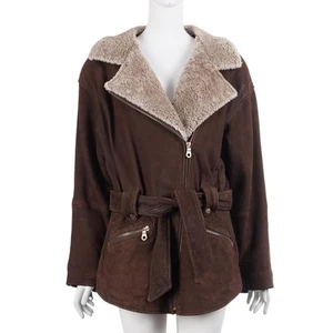 Chaqueta de mujer ANDREW MARC vintage M cuero marrón cuello de oveja cinturón con cremallera completa - Imagen 1 de 19