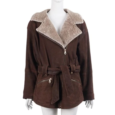 Chaqueta de mujer ANDREW MARC vintage M cuero marrón cuello de oveja cinturón con cremallera completa Foto 1 de 4