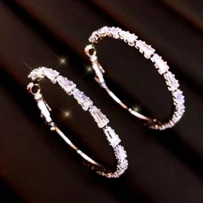 18K White Gold&Gold Filled Simulate Crystal Channel-Set Baguette Hoop Earrings Foto 1 de 4