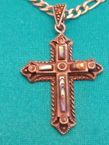Vintage Signed JC Sterling & abalone Cross Pendant on sterling chain - Picture 1 of 5