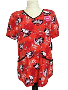 DISNEY PERFORMANCE STRETCH ULTRA SOFT V-NECK RED MICKEY Scrub Top Sz S - Picture 1 of 11