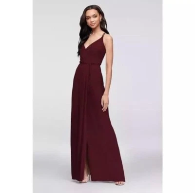 NWT Davids Bridal Bridesmaid Georgette Wrap Maxi Dress Size 6 Womans Red Wine - Image 1 of 4