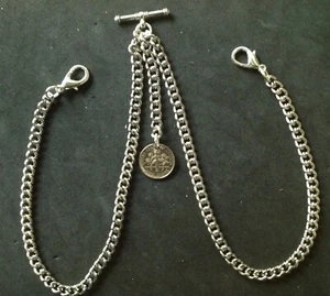 Double Albert Pocket Watch Chain with US Dime coin fob,silver colour - Picture 1 of 6