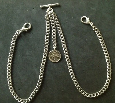 Double Albert Pocket Watch Chain with US Dime coin fob,silver colour  - Image 1 of 4