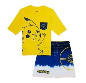 Pokemon Boys Swimsuit Size 5 6 7 Swim Trunks Rash Guard Shirt Shorts Pikachu Set - Picture 1 of 3