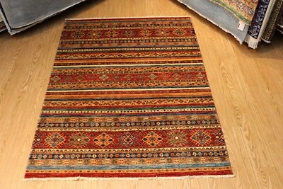 HANDMADE Jewel Color Wool Rug 5' x 7' COLORFUL FINE QUALITY red, blue, 5x7 ft. - Image 1 of 4