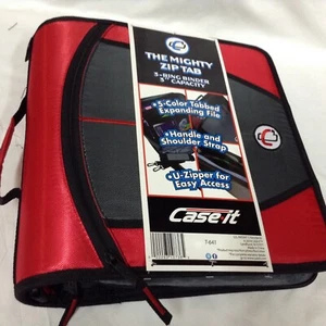 Case-It Mighty Zip Tab 3-Ring 3-inch Zipper Binder Expanding File Red/Grey T-641 - Picture 1 of 8