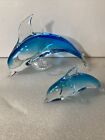 Glass Dolphin And Baby Fifth Avenue Crystal Glass 2 Hand Blown Blue Figurines