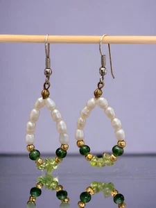 Vintage drop dangle, pearl, jade peridot stone gems Pierced Earrings 2” - Picture 1 of 12