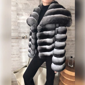 Winter Women Real Rex Rabbit Fur Coat Warm Outwear Chinchilla Color Thick Jacket - Picture 1 of 8