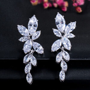 Women Sparkly Gold Plated Cubic Zircon Leaf Drop Earrings Wedding Bridal Jewelry