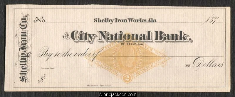 Revenue Stamped Paper RN-G1 Shelby Iron Works, Alabama. City National Bank - Image 1 of 1