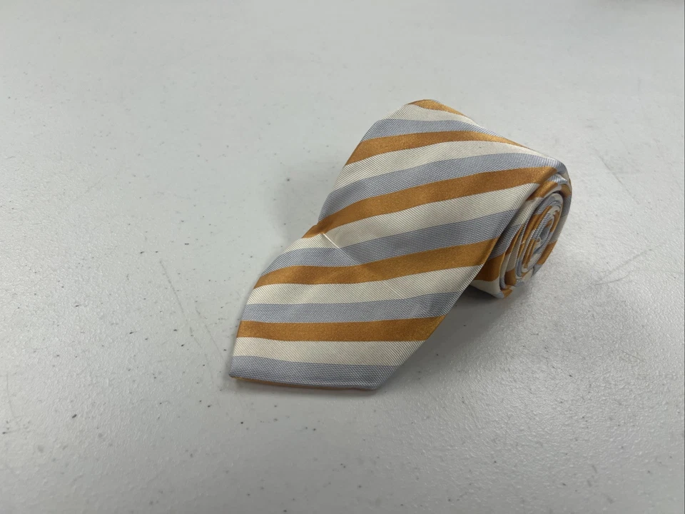 Corbata Moschino para hombre gris amarillo y crema a rayas seda $195 Foto 1 de 4