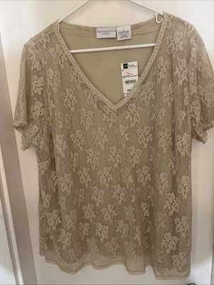 Nuevo con etiquetas Para mujeres Worthington Talla 2X Beige Floral Encaje Manga Corta Top Forrado Cuello en V Foto 1 de 4