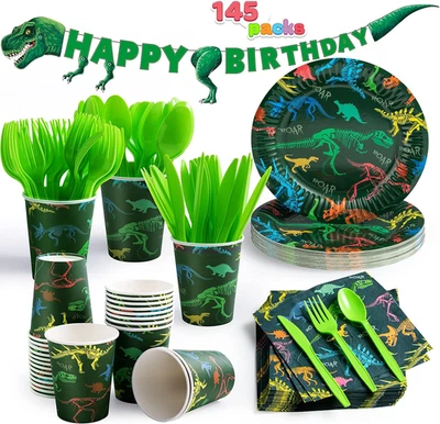 Juego de fiesta de cumpleaños Dino 145 piezas 24 tazas de invitados servilletas T-Rex pancarta platos cubiertos Foto 1 de 4