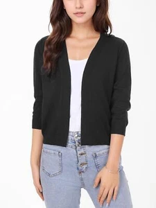 Women’s 3/4 Sleeve Open Front Cropped Bolero Shrug Cardigan Lightweight Knit - Picture 1 of 16