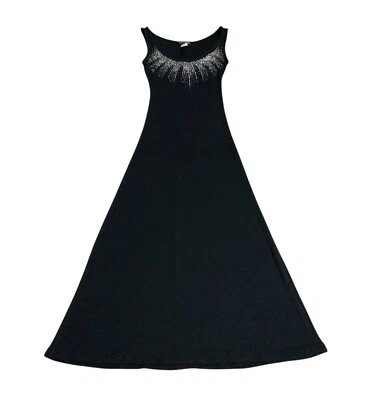 Maxi Vestido Vintage Y2K Sello Húmedo Pequeño Negro Brillante Estrás Acanalado Elastizado Tanque Foto 1 de 4