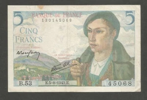 France 5 Francs 5.8.1943; VF+; P-98a; BNB-B973a; Shepherd; WWII - Picture 1 of 2