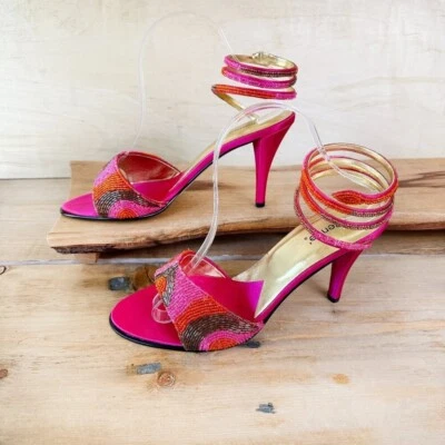 J Renee Pink Gold Beaded Heels Spiral Ankles Satin 9.5 Shoes Southwestern - Image 1 of 4
