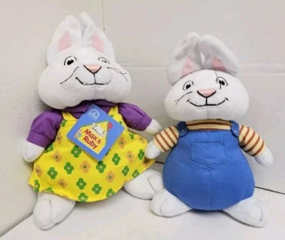 Gund Max and Ruby Lot of 2 Rabbits Plush Stuffed Animal Overalls 10” & 12" NWT - Image 1 of 2