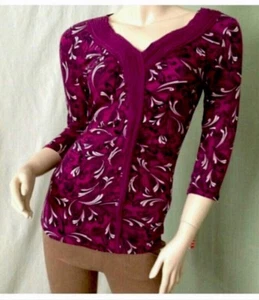 Womens Blouses Small ELLE Paisley Purple Plum 3/4 Sleeves V-Neck Stretch - Picture 1 of 2