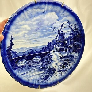 Vintage Dutch Flow blue large Ironstone plate Windmill on Bridge Canal, 12.5" - Picture 1 of 5