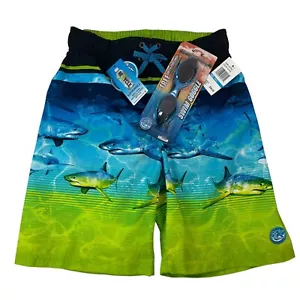 ZeroXposur 2Pack Boys 10-12 Swim Shorts UPF50 + Googles Green Blue Sharks NWT - Picture 1 of 8