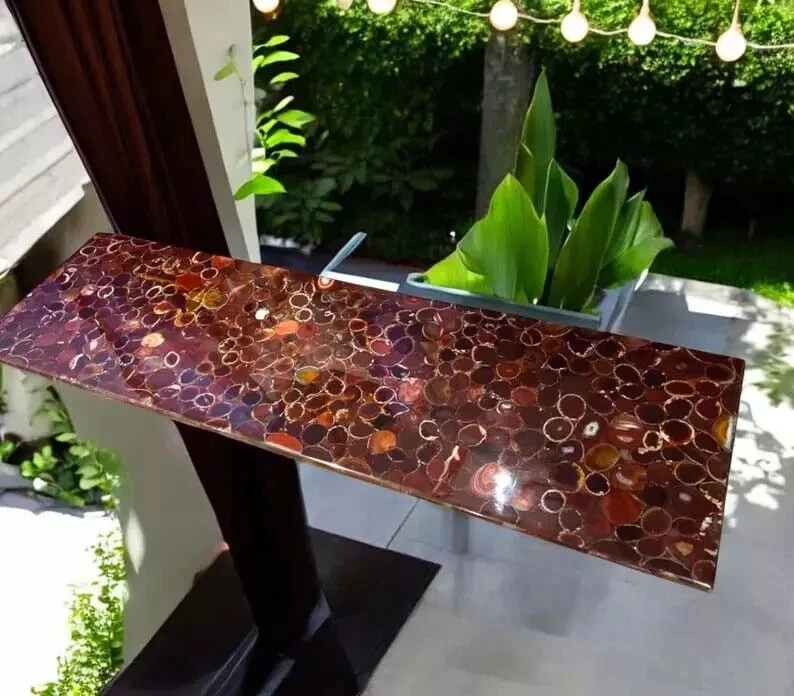 Rectangle Red Agate Dining Table Countertop Desk Crystal Stone Luxury Furniture - Image 1 of 3
