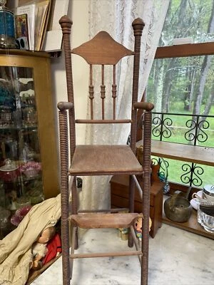 ANTIQUE DOLL HIGH CHAIR w/FOOT REST SPOOL TURNINGS BEEHIVE FINIALS ORIGINAL  - Image 1 of 4