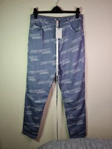 NEW MISTRESS ROCKS MISSTRESS Med All Over Print Logo Trousers Blue High Waisted - Picture 1 of 21