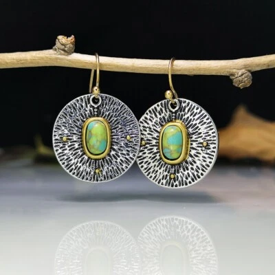 Pendientes de plata gancho circular turquesa verde retro bohemio hechos a mano europeos Foto 1 de 4