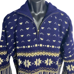 Vintage Columbia Wool Knit Sweater L Blue Fair Isle Collar Quarter Zip Pullover - Picture 1 of 6