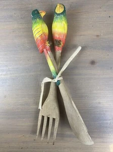 Wooden Salad Serving Spoon And Fork Tropical Parrot Birds New Hand Painted 12” - Picture 1 of 8