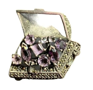 Sterling Silver Amethyst Pin Brooch 2 MISSING STONES Marquise Rectangle Cut VTG - Picture 1 of 7