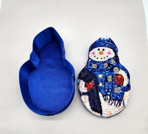 Vintage Satin Beaded CHRISTMAS SNOWMAN Blue GIFT Trinket Candy Jewelry Box -D10 - Picture 1 of 5