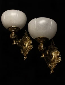 Pair of solid bronze & white real alabaster wall lights sconces with lion head  - Picture 1 of 8