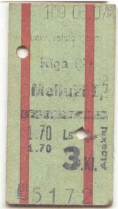 LATVIA 1938 RIGA(2)-MELLUŽI RAILWAY TRAIN 3rd CLASS 2-WAY ATM TICKET EDMONDSON - Picture 1 of 1