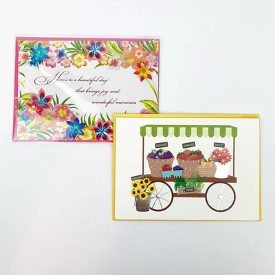 Lote de 2 tarjetas de felicitación de papiro cumpleaños en blanco 3D flores florales carrito de comida verano Foto 1 de 4
