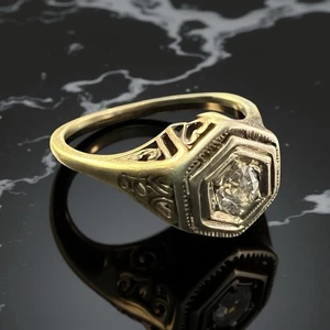 Antique Art Deco 14K Yellow Gold Diamond Ring Solitaire Filigree Size 5.75 - Picture 1 of 18