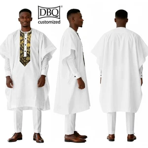 African Men's Agbada Suit Patchwork Agbada + Shirt + Pants 3 Pieces Formal Set  - Picture 1 of 21