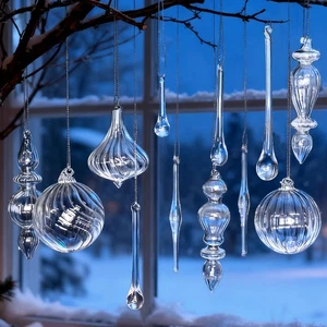 Christmas Glass Finial Ornaments, 12Pcs Clear Glass Ball Teardop Hanging Crys... - Picture 1 of 5