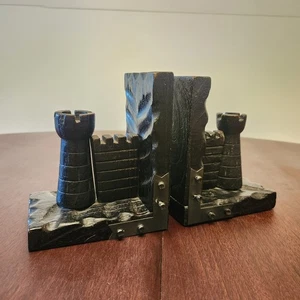 Vintage Carved Wooden Medieval Castle Tower Rook Bookends 5x6x3.5" Taiwan - Picture 1 of 12