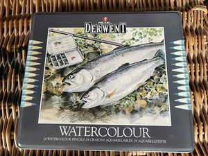 Vintage Derwent Rexel Tin Of 24 Watercolour Pencils Grey Barrel - Picture 1 of 7