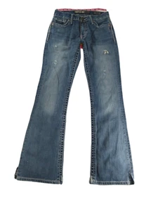 Women's BKE Denim Fulton Factory Distressed Boot Cut Blue Jeans Stitched 28R 31L - Picture 1 of 11