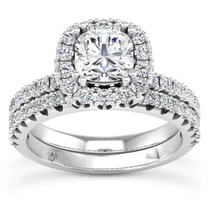 1.84 ct Ladies Cushion & Round Cut Diamond Engagement Ring With Wedding Ring Set - Picture 1 of 9
