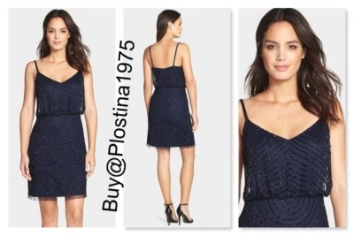 Vestido Blusa Adrianna Papell Lentejuelas Malla Azul Marino/Negro Talla 6 10 12 #D117 Foto 1 de 4