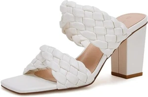Braided Heeled Sandals Square Open Toe Slide Sandal Slip On Chunky Block-Sz 7.5 - Picture 1 of 10