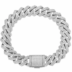 12mm Iced CZ Out Cuban Link Bracelet White Gold Stainless Steel Hip Hop Jewelry - Picture 1 of 7