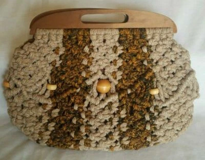 Cartera de macramé grande vintage de yute con asas de madera forrada hippie retro marrón tostado Foto 1 de 4